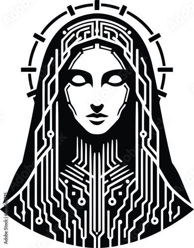 nun silhouete with cyberpunk pattern illustration