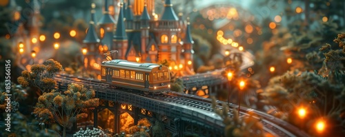A magical, glowing castle nestled in a lush forest, illuminated by warm lights.