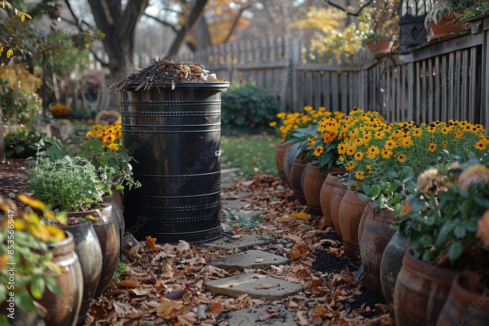 Obraz premium A composting bin in a backyard garden, promoting the recycling of organic waste.