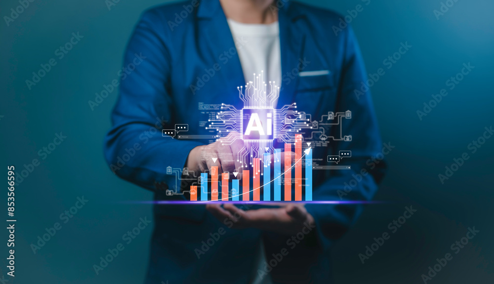 AI business document featuring artificial intelligence with a graph and arrow indicating growth for 2025. Data marketing analysis by an AI assistant strategizing futuristic systems and technology.