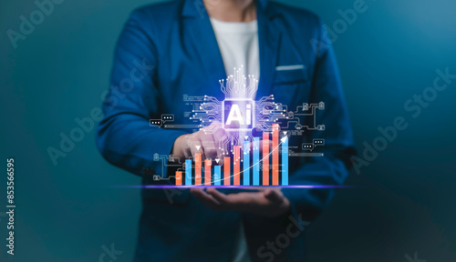 AI business document featuring artificial intelligence with a graph and arrow indicating growth for 2025. Data marketing analysis by an AI assistant strategizing futuristic systems and technology.