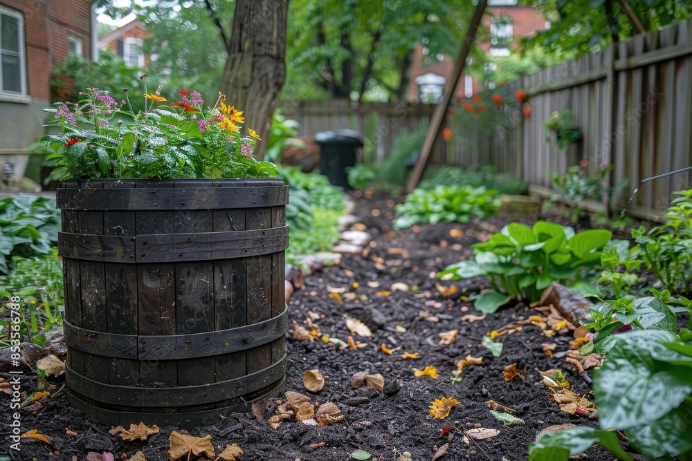 A composting bin in a backyard garden, promoting the recycling of organic waste. A composting bin in a backyard garden, promoting the recycling of organic waste.