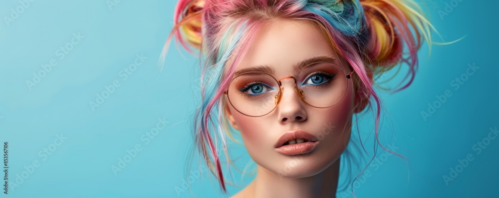 A young woman with colorful hair and glasses looks directly at the camera. A young woman with colorful hair and glasses looks directly at the camera.
