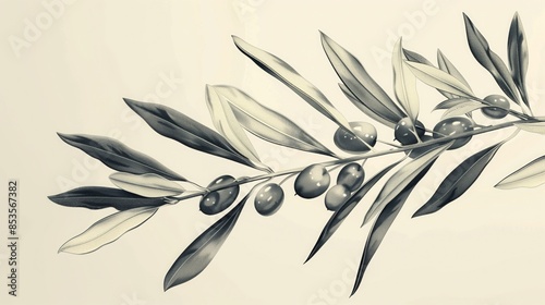 A close-up illustration of an olive branch with several ripe olives
