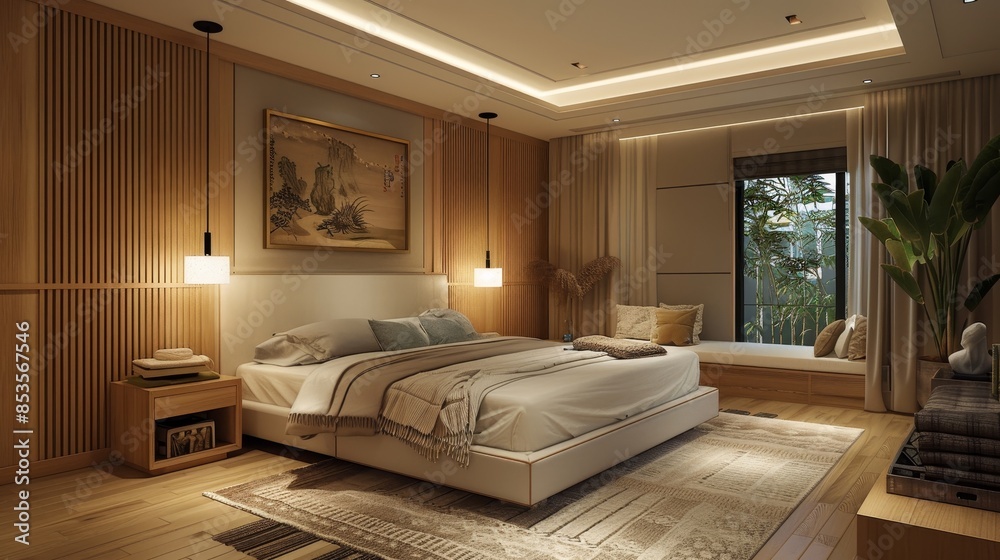Fototapeta premium Cozy modern bedroom with soft bedding, natural light streaming through large windows, and warm, inviting decor, creating a serene and comfortable atmosphere. 