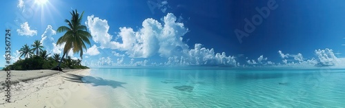 Tropical Beach Scene With Palm Trees And Blue Sky On A Sunny Day