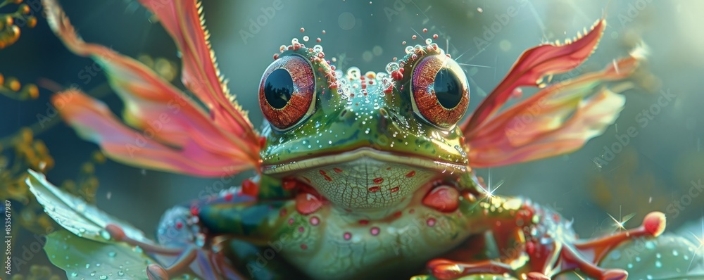 Fototapeta premium Closeup of a frog with large, curious eyes and pink wings.