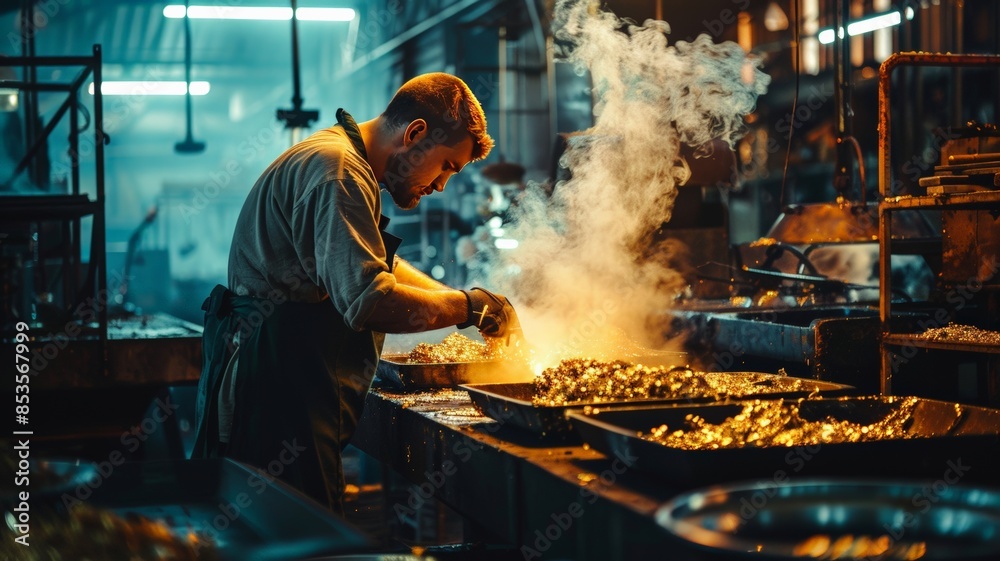 Image of an American man in a factory melting gold. Image of an American man in a factory melting gold.