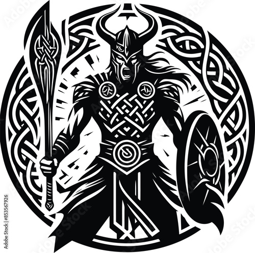 odin in silhouete with celtic knot pattern illustration