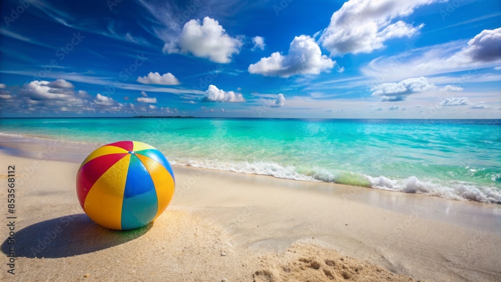 A vibrant summer beach scene featuring a colorful beach ball lying abandoned on the warm sandy shore, surrounded by calm turquoise waters.