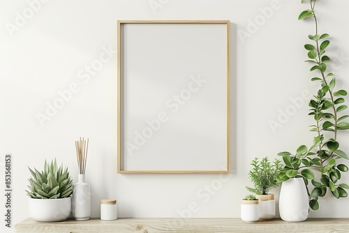 Minimalist frame mockup on a wall, white backdrop with elegant shelf and greenery.