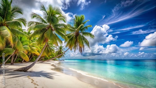 Fototapeta Naklejka Na Ścianę i Meble -  Sweeping view of a serene and idyllic tropical caribbean beach with swaying palm trees, crystal-clear turquoise water, and powdery white sand on a hot summer day.