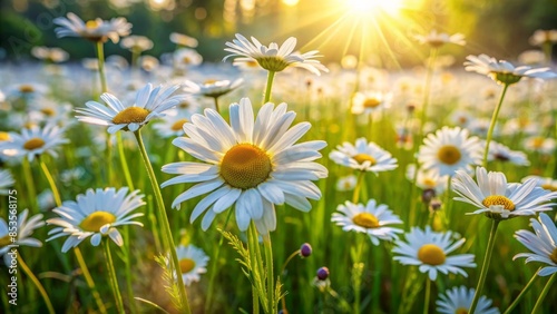 Serene summer meadow scenery featuring blooming chamomile flowers with delicate white petals and yellow centers, swaying gently in warm sunlight amidst lush green grass. photo