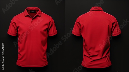 Black background featuring a red polo shirt from both front and back.