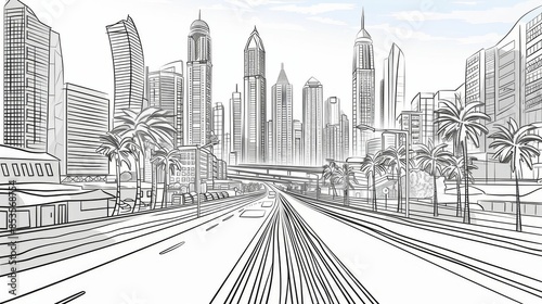 A city skyline is shown in black and white with a large road in the middle