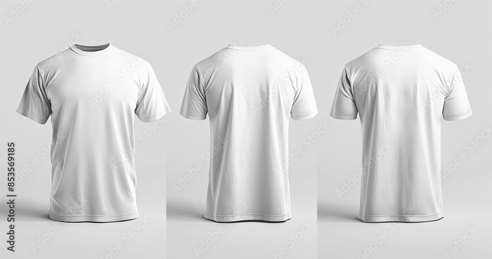 No-background mockup of white t-shirts, showing all views without shadows. No-background mockup of white t-shirts, showing all views without shadows.