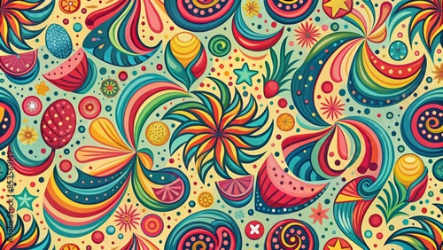 Vibrant and dynamic abstract pattern featuring swirling shapes and colors, evoking a sense of playful summer vibes, perfect for creative illustrations and designs. photo