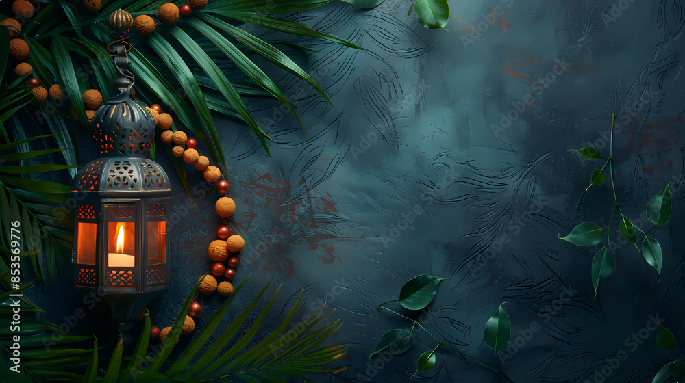 Obraz premium Elegant lantern with glowing candle, surrounded by palm leaves and wooden beads, on a crimson brushed backdrop. Eid mubarak