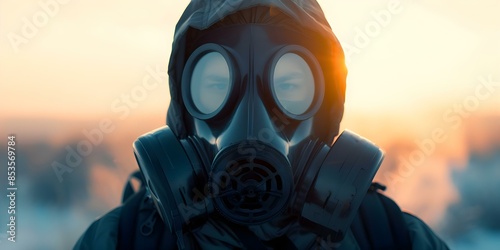 Survival in a Toxic World Man Wearing Gas Mask in Postapocalyptic Setting. Concept Survival Skills, Gas Mask, Postapocalyptic Environment, Dystopian Future, Toxic World