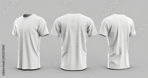 Detailed display of three white t-shirts, front and back, hyper-realistic style.