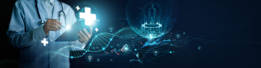 Medicine doctor touching electronic medical record with intelligence software AI. DNA. Digital healthcare and network connection on hologram modern virtual screen interface, medical technology.