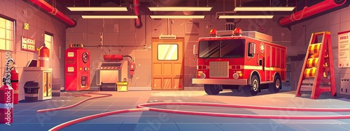 View inside the fire station. A garage with a fire truck standing inside. Cartoon illustration.