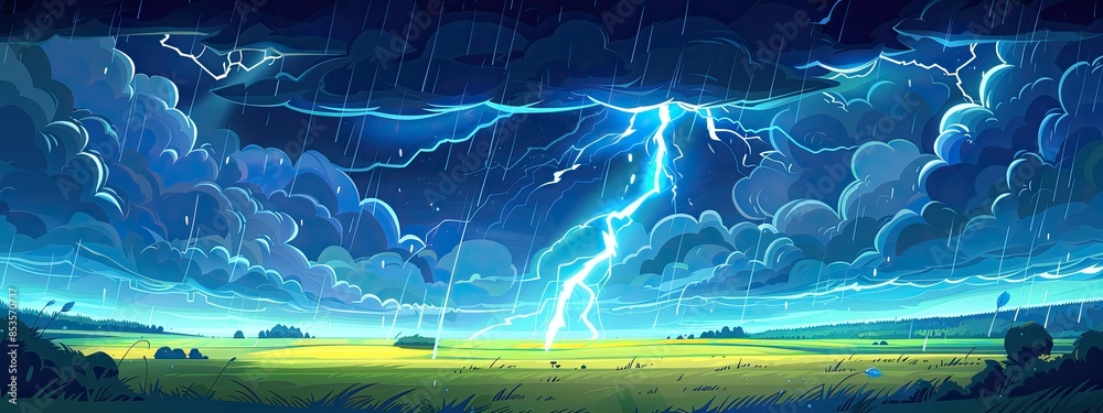Fototapeta premium The landscape of a thunderstorm over a green field in summer. Cartoon illustration.