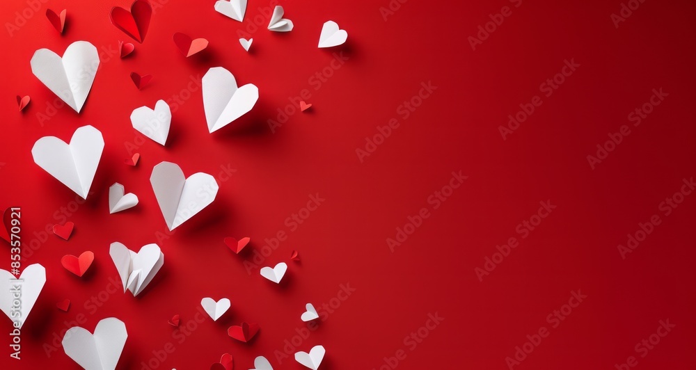 Minimalistic white paper cut hearts flying on red background with copy space for text, banner design. Valentine's Day concept Minimalistic white paper cut hearts flying on red background with copy space for text, banner design. Valentine's Day concept