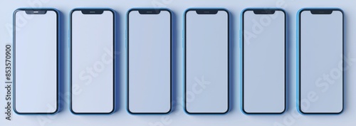 Flat lay of six blue-framed smartphone screens, ideal for artwork presentations.