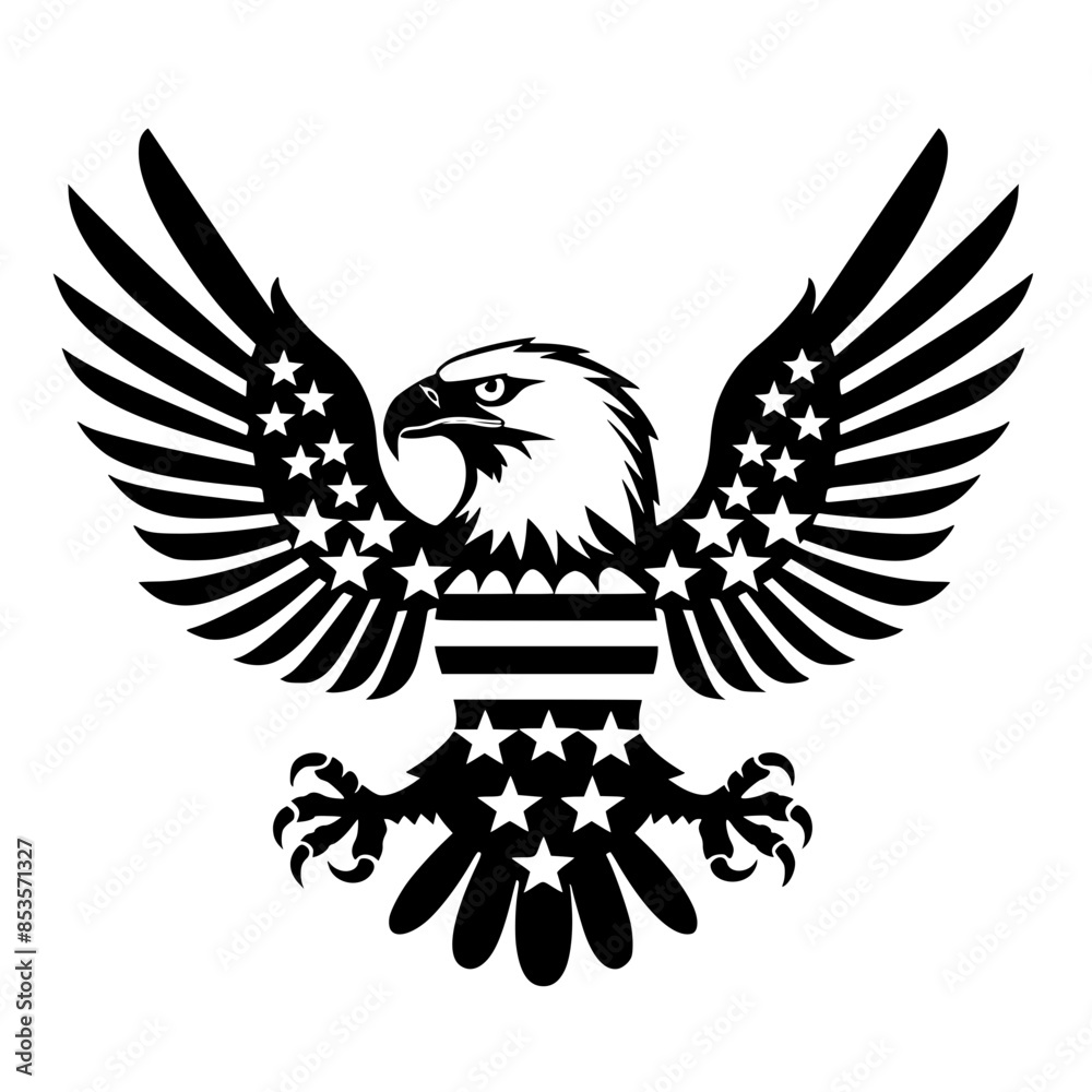 Obraz premium American Bald Eagle Patriotic Black and White Illustration, Stylized black and white illustration of an American bald eagle with stars and stripes, symbolizing patriotism and national pride. 