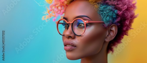 Woman with colorful hair and glasses looking off to the side. photo