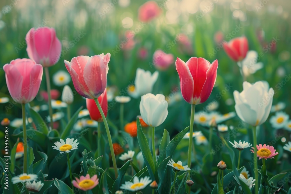 Vibrant Tulip and Daisy Flower Field - Perfect for Spring and Summer Prints, Greeting Cards, Posters Vibrant Tulip and Daisy Flower Field - Perfect for Spring and Summer Prints, Greeting Cards, Posters