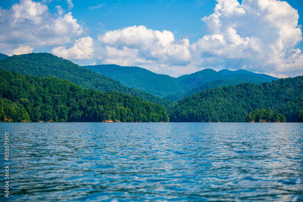 An overlooking landscape view of Lake Jocassee, South Carolina An overlooking landscape view of Lake Jocassee, South Carolina