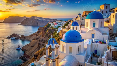 Scenic whitewashed houses, blue-domed churches, and winding cobblestone streets of oia village in santorini, greece, overlooking the shimmering mediterranean sea. photo
