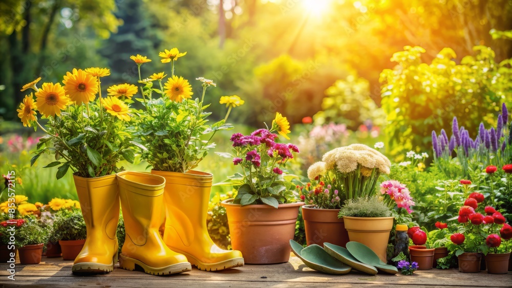 Vibrant sunny garden scene featuring an array of colorful flowerpots surrounded by lush greenery and adorned with a pair of yellow boots amidst a serene natural background. Vibrant sunny garden scene featuring an array of colorful flowerpots surrounded by lush greenery and adorned with a pair of yellow boots amidst a serene natural background.
