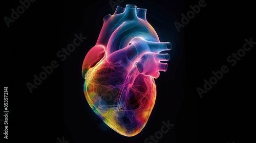 X-ray image of a human heart glowing in many colors on a black background.