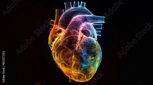X-ray image of a human heart glowing in many colors on a black background.