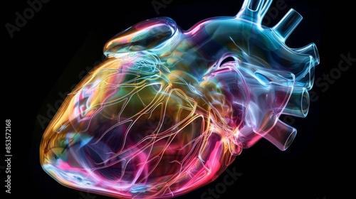 X-ray image of a human heart glowing in many colors on a black background.