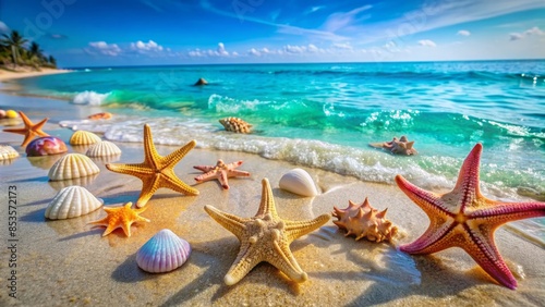 Vibrant starfish and delicate seashells scattered on warm summer beach sand, gently touched by calm turquoise sea water, evoking serenity and oceanic beauty.