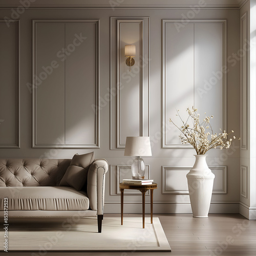 Aesthetic elegant classic interior design. Clear mock up empty wall for decoration in the apartment. Copy space in the room with moldings. Neutral palette of natural colors.
