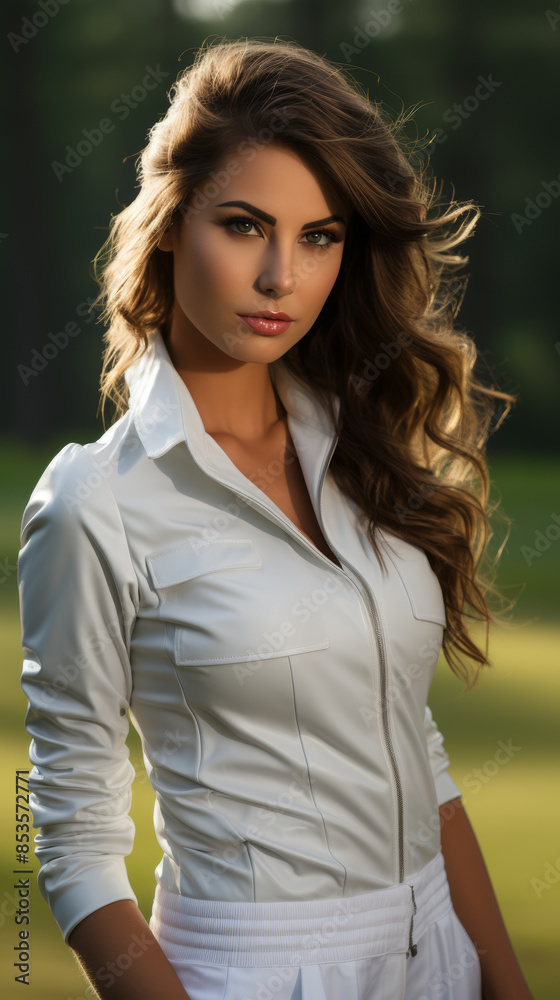 Close view of a Young caucasian Woman with long curved brown hair wearing casual sport white clothes with a blurry nature background Close view of a Young caucasian Woman with long curved brown hair wearing casual sport white clothes with a blurry nature background