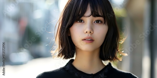 Stylish Japanese Girl with Embroidered Collar and Sideswept Bangs A Portrait. Concept Fashion, Embroidery, Japanese Style, Portraiture, Hairstyle photo