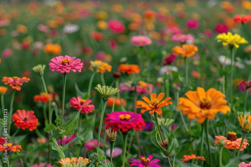 Vibrant Flower Field in Full Bloom - Colorful Zinnias for Nature-Themed Art and Print Designs