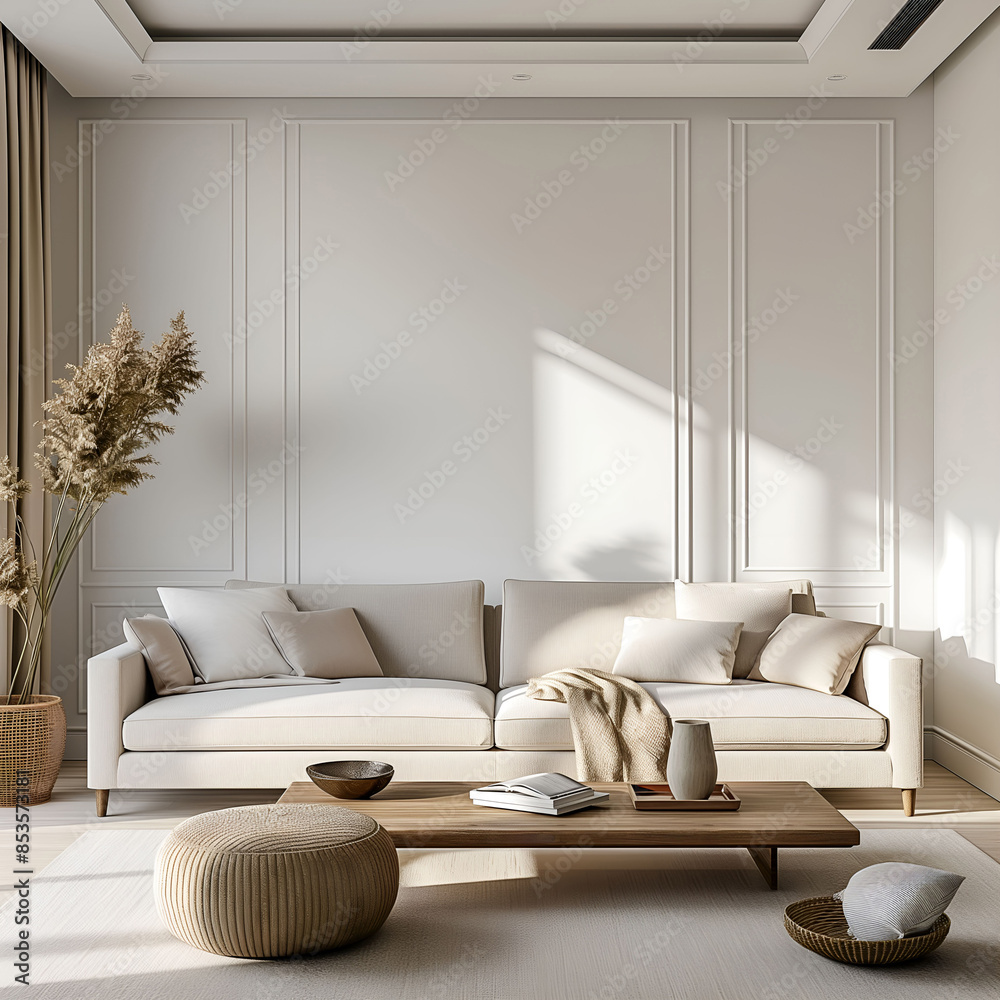 Aesthetic elegant classic interior design. Clear mock up empty wall for decoration in the apartment. Copy space in the room with moldings. Neutral palette of natural colors. Aesthetic elegant classic interior design. Clear mock up empty wall for decoration in the apartment. Copy space in the room with moldings. Neutral palette of natural colors.