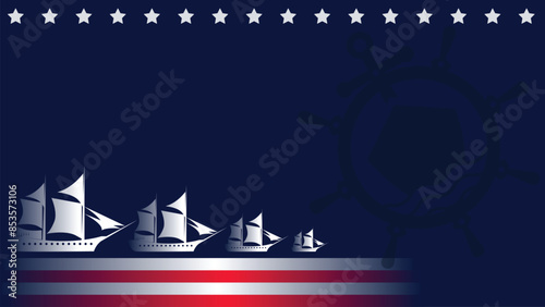 Columbus Day background with ship silhouette, steering wheel, ship front view and wave copy space area suitable for placement in content with this theme