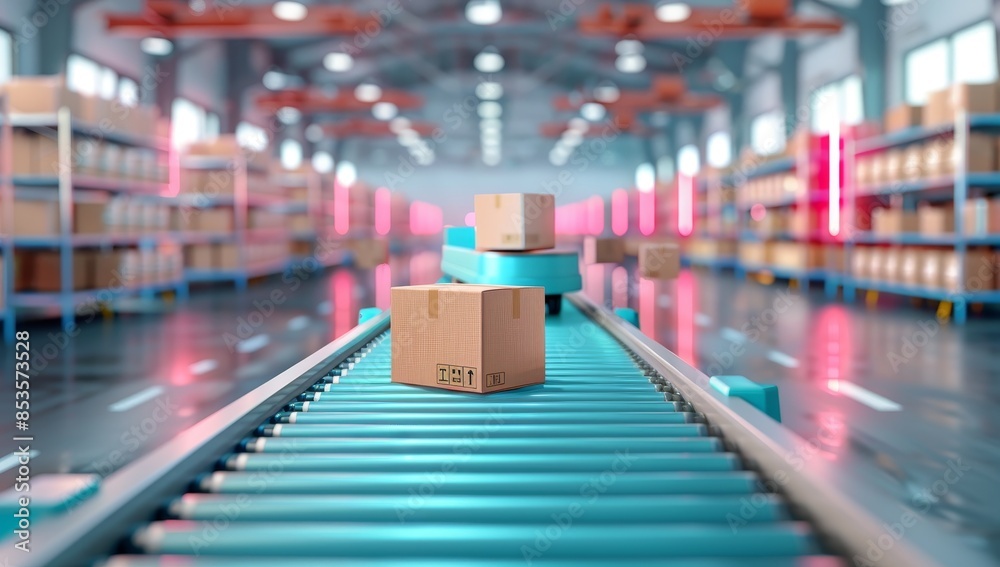 In the warehouse, boxes move on conveyor belts in an industrial environment with bright lighting and modern technology. In the warehouse, boxes move on conveyor belts in an industrial environment with bright lighting and modern technology.