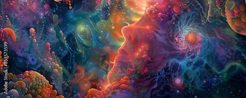 Abstract illustration of a human face emerging from a colorful universe, with nebula clouds and fractal patterns © ALEXSTUDIO