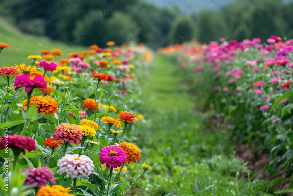 Blooming Flower Field with Colorful Zinnias in Summer for Posters, Cards, and Wall Art Blooming Flower Field with Colorful Zinnias in Summer for Posters, Cards, and Wall Art