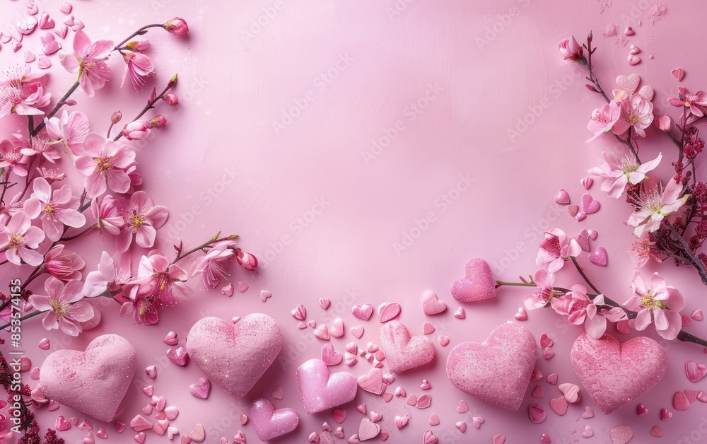 Photo of a pink background with flowers and hearts for Valentine's Day, with a pink pastel color scheme Photo of a pink background with flowers and hearts for Valentine's Day, with a pink pastel color scheme