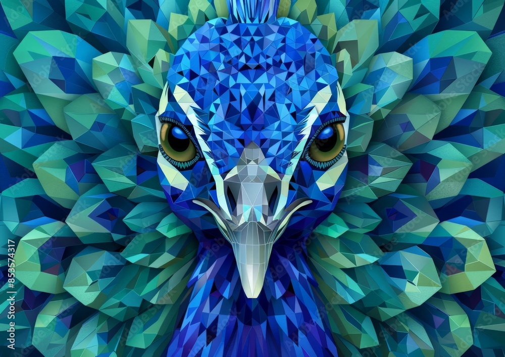 Fototapeta premium Close-up of peacock head rendered in polygonal style. Birds blue feathers are composed of geometric shapes and green feathers in background create dramatic effect